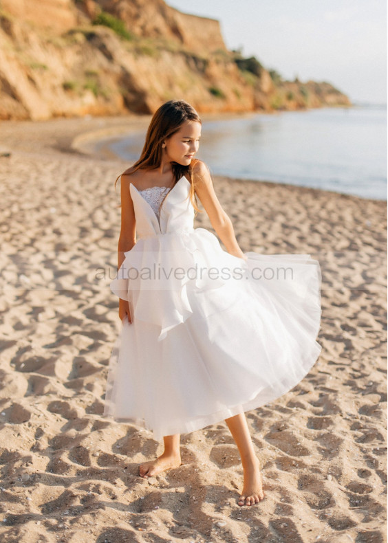 Beaded White Lace Tulle Keyhole Back Flower Girl Dress